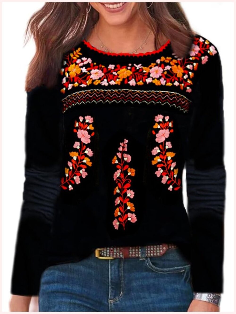Melliflo Long Sleeve Floral Embroidered Peasant Boho Blouse